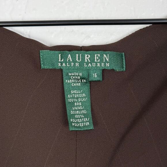 Lauren Ralph Lauren Vintage Y2K Silk Brown Pinstripe Ruffle Midi Dress Size 16 - Picture 4 of 4